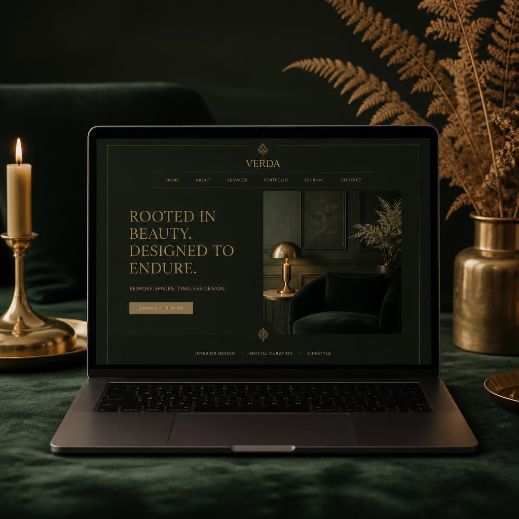 Veebilehe mockup tumerohelise ja kuldse interjööristuudio jaoks: sülearvuti ekraanil elegantne koduleht, taustaks küünal ja kuivatatud sõnajalg